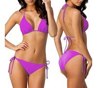 Generico Costumi Donna Vita Alta Costume Donna Brasiliana Costume da Bagno Bikini A Due Pezzi in Tinta Unita con Lacci da Costumi Bikini Due Pezzi Tankini Purple XXXL