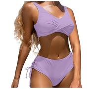 Generico Costumi Due Pezzi Costume Bagno Donna Vita Alta Women S Solid Color Fashionable Casual Strap Triangular Bikini Swimsuit Set Costumi Mare Donna Due Pezzi Fascia Costumedonna Purple M