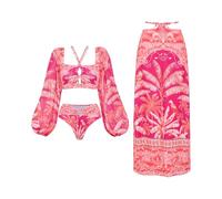 Generico Costumi Due Pezzi Costume Intero Set Tre Top Maniche A Palloncino Nodo Frontale Slip E Gonna Lunga Stampa Tropicale Mesh Pancia Piatta