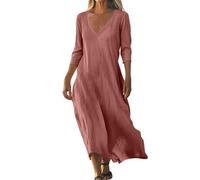 Generico Cotone e Lino Vestito Donna Elegante Cerimonia Donna Estivi Lino Scollo a V Caftano Mare Tubino Cotone Abito Maniche a Tre Quarti Primavera Sera Hawaiano Matrimonio Rosa M