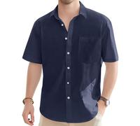Generico Cotone-Lino Camicia Uomo Estiva Maglietta Uomo Classics Collo Coreana Camicia Elegante comodità Estivo Spiaggia Maglietta Basic a Bottoni Vestiti Shirts for Men Navy L