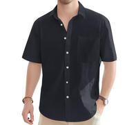 Generico Cotone-Lino Camicia Uomo Manica Corta T-Shirt Uomo Classics a Bottoni Camicia Elegante Slim Fit Estivo Spiaggia Camicie Basic Collo Coreana Vestiti Shirts for Men Black 3XL