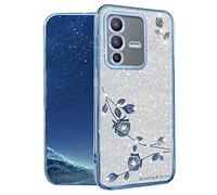 Generico Cover per Vivo V23 5G Trasparente Brillantini Gradiente Fiori Glitter Custodia per Vivo V23 Cover Silicone Blu Antiurto Bling Sottile Morbido TPU Rosa Elegante Case Per Donne (Blu-Argento)