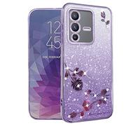 Generico Cover per Vivo V23 5G Trasparente Brillantini Gradiente Fiori Glitter Custodia per Vivo V23 Cover Silicone Blu Antiurto Bling Sottile Morbido TPU Rosa Elegante Case Per Donne (Viola)