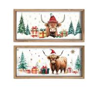 Generico Cow Picture - 2 Pieces Highland Rustic Wood Print, Wall Art Decor | Handmade Sturdy Wood Material, Christmas Decoration, Bathroom Kitchen Bedroom Nursery Home, 20.87x9.84x0.59 Inches