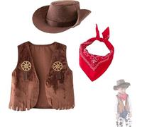 Generico Cowboy Costume Bambino, Vestito Costume Set da Cowboy 3 Pezzi, con Bandana Rossa, Cappello e Gilet, Wild Western Abiti Set, per Halloween, Natale, Carnevale, Dress Up Festa (3-4 anni)