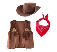 Generico Cowboy Costume Bambino, Vestito Costume Set da Cowboy 3 Pezzi, con Bandana Rossa, Cappello e Gilet, Wild Western Abiti Set, per Halloween, Natale, Carnevale, Dress Up Festa, 9 mesi- 10 anni
