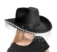 Generico Cowboy Hat, Western Party Headdress, Rhinestone Tassel Design, Trendy Shimmer Finish, Eye-Catching Festival Accessory, Ideal for Masquerade, Music Events, and Costume Parties