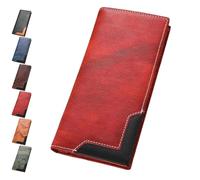 Generico Cowhide Vintage Wallet, Recallcious Cowhide Vintage Wallet, Western Bifold Leather Long Wallets, Big Checkbook Handcrafted Wallets (Red)