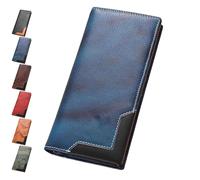 Generico Cowhide Vintage Wallet, Recallcious Cowhide Vintage Wallet, Western Bifold Leather Long Wallets, Big Checkbook Handcrafted Wallets (Blue)