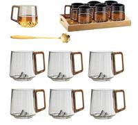 Generico Creative Mountain Bottom Wooden Handle Glass Cup, 450ml Retro Smokey Gray Clear Slanted Coffee Cups, Heat Cold Resistant Whiskey Mug for Tea and Cocktail Lovers