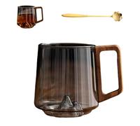Generico Creative Mountain Bottom Wooden Handle Glass Cup, 450ml Retro Smokey Gray Clear Slanted Coffee Cups, Heat Cold Resistant Whiskey Mug for Tea and Cocktail Lovers