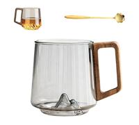 Generico Creative Mountain Bottom Wooden Handle Glass Cup, 450ml Retro Smokey Gray Clear Slanted Coffee Cups, Heat Cold Resistant Whiskey Mug for Tea and Cocktail Lovers