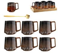 Generico Creative Mountain Bottom Wooden Handle Glass Cup, 450ml Retro Smokey Gray Clear Slanted Coffee Cups, Heat Cold Resistant Whiskey Mug for Tea and Cocktail Lovers