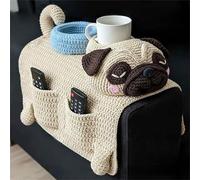 Generico Crochet Dog Sofa Organizer,Cute Dogs-Shaped Handmade Knit Armrest Caddy,Animal Weaving Non-Slip Storage Holder Decorate with 2 Pockets And 1 Mug Holder for Living Room,Bedroom,Dorm (White)