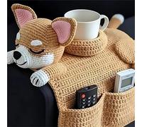 Generico Crochet Dog Sofa Organizer,Cute Dogs-Shaped Handmade Knit Armrest Caddy,Animal Weaving Non-Slip Storage Holder Decorate with 2 Pockets And 1 Mug Holder for Living Room,Bedroom,Dorm (Khaki)