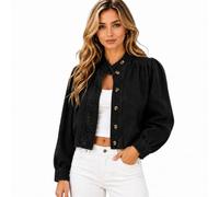 Generico Cropped Denim Jean Jacket for Women, 2026 Fall Button Down Long Sleeve Mock Neck Casual Coat, for Work,Office,Going Out (XXL,Black)