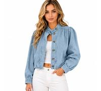 Generico Cropped Denim Jean Jacket for Women, 2026 Fall Button Down Long Sleeve Mock Neck Casual Coat, for Work,Office,Going Out (S,Light blue)
