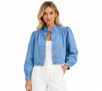 Generico Cropped Denim Jean Jacket for Women, 2026 Fall Button Down Long Sleeve Mock Neck Casual Coat, for Work,Office,Going Out (XL,Dark blue)
