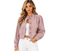 Generico Cropped Denim Jean Jacket for Women, 2026 Fall Button Down Long Sleeve Mock Neck Casual Coat, for Work,Office,Going Out (XL,Pink)