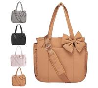 Generico Crush Bow Tote Bag for Women,Lightweight Puffy Quilted Bow Handbag Shoulder Bag with Compartments for Daily,Work,Travel,Beach (brown)