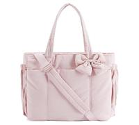 Generico Crush Bow Tote Bag for Women, Lightweight Puffy Quilted Shoulder Bag, Crush Bow Tote Bags, for Work, Travel, Beach, Shopping (Pink)