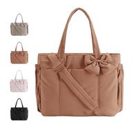 Generico Crush Bow Tote Bag for Women, Lightweight Puffy Quilted Shoulder Bag, Large Stylish Handbag, for Women Shopping, Travel (Brown)