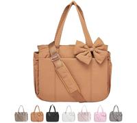 Generico Crush Bow Tote Bag for Women, Lightweight Puffy Quilted Shoulder Handbag with Bow, Large Capacity for Work, Travel & Shopping (Brown)