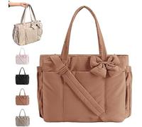 Generico Crush Bow Tote Bag for Women Puffy Quilted Tote Bag Shoulder Handbag Waterproof Sandproof Beach Tote for Commuting,Shopping,Travel (Brown)
