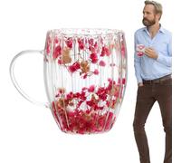 Generico Cups With Dried Flowers - Glass 300ml 5.5x8.5x11cm | Double Walled Clear Coffee Cup With Handle, Beverage Drinking Glass | Home Coffee Cup For Hot Cold Drinks Home Office Cafe Use