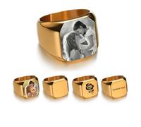 Generico Custom Photo Signet Ring for Men Personalized Picture Ring Engraving Name Picture Customized Memorial Jewelry Stainless Steel for Father Dad (Oro, Foto in bianco e nero)