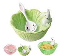 Generico Cute Cabbage Ceramic Bowl with Spoon Bunny Bowl - Cabbage Shaped Ceramic Bowls with Handle, 850ML Microwave/Oven Safe Serving Bowls, for Rice Salad Soup Sauce (Green)