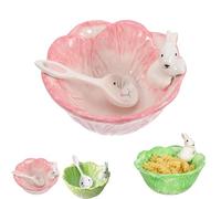 Generico Cute Cabbage Ceramic Bowl with Spoon Bunny Bowl - Cabbage Shaped Ceramic Bowls with Handle, 850ML Microwave/Oven Safe Serving Bowls, for Rice Salad Soup Sauce (Pink)