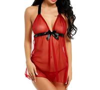 Generico da Donna Chemise in Pizzo negligé Camicie da Notte Esotiche Camicie da Notte con Scollo all' Indumenti da Notte in Rete Trasparente (1 Pezzo Camicia da Notte + 1 Pezzo Mutande) (Red, XL)