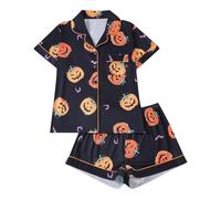 Generico da Donna con Colletto Stampato di Halloween Maniche Corte e Pantaloncini Stile Europeo per Il Relax Notturno