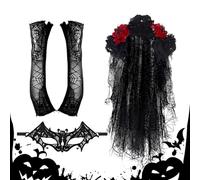 Generico Day of the Dead Veil, Halloween Sugar Skull Costume Accessory With Lace Flowers, Dia de Cosplay Headpiece With Mesh Cover, Elegant Floral Feature, Gothic Headwear Set