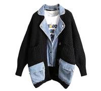 Generico Dearlassie Denim Cardigan, The Denim Cardigan with Pockets,Splicing Denims Contrast Color Winter Knitting Cardigans (Black)