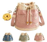 Generico Denim Crochet Bucket Bag, Drawstring Crossbody Handmade Crochet Jean Tote Adjustable Strap for Travel, Shopping, Beach & Daily Use (Pink)
