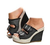 Generico Denim Wedge Sandals for Women 2026 Chunky High Heels Breathable Ankle Strap Summer Slippers Walking Vacation Shoes for Women Comfortable (Black,37)