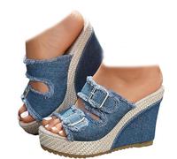 Generico Denim Wedge Sandals for Women 2026 Chunky High Heels Breathable Ankle Strap Summer Slippers Walking Vacation Shoes for Women Comfortable (Blue,37)