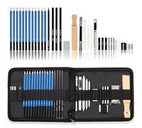 Generico Disegno a matita 32PCS Set di matite per e schizzo Kit professionale Graphite Charcoal Rod Tool Tela Custodia con zip Materiali artistici Temperino Gomma adulti bambini artisti