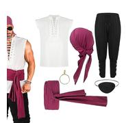 Generico Display Di Pirata Di Halloween - Costume Da Pirata Del Medioevo Per Uomini Carnival Cosplay | Outfit Renaissance S-XXXL LINO DI COTON SHIRT PANTANI BANDANA AC
