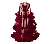 Generico Donna Abito di Piume Trasparenti con Maniche Svasate per Le Donne Prospettiva Vestaglia da Notte Set Abito con Vestaglia di Piume Lunghe,Rosso