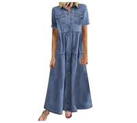 Generico Donna Abito Lungo Maxi con Scollo A V - Abito con Maniche Corte Vestito in Denim Elasticizzata Vestiti con Abbottonatura Singola con Apertura Frontale Dress Orlo Asimmetrico Stile Casual