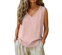 Generico Donna Canottiera in Lino Estiva Canotta Scollo a V Spalla Larga Base Tank Top Leggero Elegante Tinta Unita Camicia Casual Senza Maniche Camicette Oversize Maglietta Tops con Tasca