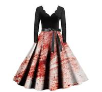 Generico Donna Casual Abito Halloween, Vestiti Donna Cerimonia Curvy Casua Stampato Abito Vestito Midi Linea a Manica Lunga Cintura con Fiocco Morbido E Confortevole Abito Feste Halloween