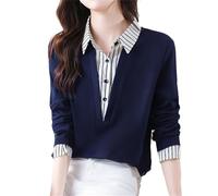 Generico Donna Falso Due Pezzi Camicia Top Manica Lunga a Righe Patchwork Lapel Casual Cappuccio Vintage (Blue,L)
