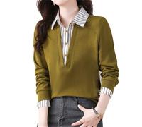 Generico Donna Falso Due Pezzi Camicia Top Manica Lunga a Righe Patchwork Lapel Casual Cappuccio Vintage (Yellow,3XL)