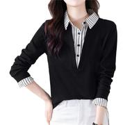 Generico Donna Falso Due Pezzi Camicia Top Manica Lunga a Righe Patchwork Lapel Casual Cappuccio Vintage (Black,XS)