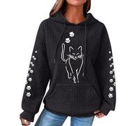Generico Donna Felpa con Stampa Gatto Felpe con Cappuccio Waffle Oversize Pullover Stampata Maniche Lunghe con Coulisse Carino Hoodie Drawstring Sweatshirt Y2k Maglia Inverno Sport Offerte Lampo